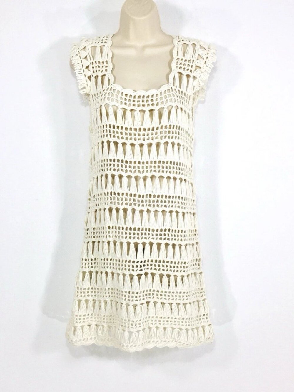Linea Domani Crochet Dress Sz M Unlined Scallop Edge Fringe Sleeve Boho Classic